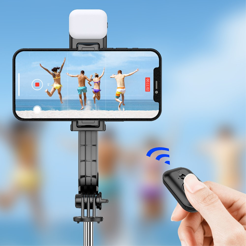 (35-105cm) Verstellbarer Teleskop Ständer Live Stream Stativ Selfie Stick Smartphone Halterung mit Fernauslöser und LED Licht - Schwarz