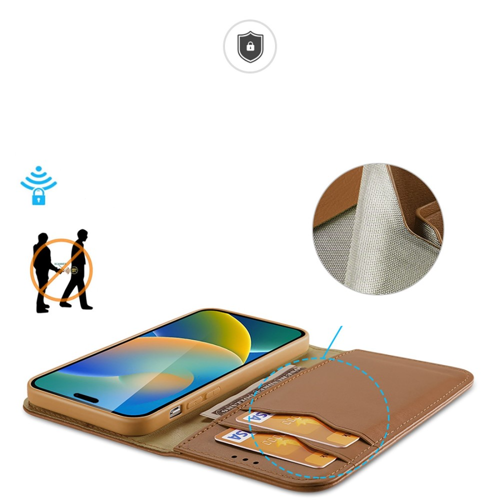 iPhone 14 Pro Flip Wallet Cover Echtleder Tasche (RFID Schutz) - Braun