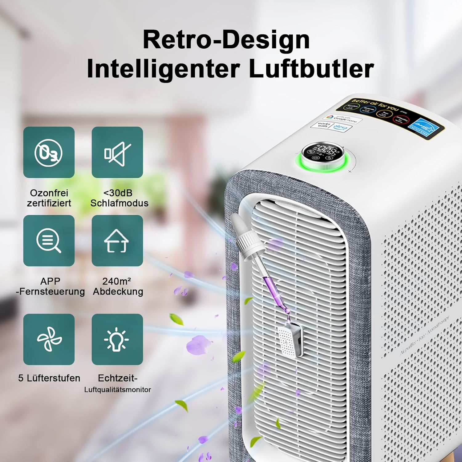 Jafända Luftreiniger für Allergiker mit Aromatherapie, HEPA-Filter gegen 99,97% Schimmel Pollen, Staub & Tierhaare, CADR 460m³/h für Räume bis 240m², Smart WiFi, Leiser Nachtmodus (Grau)