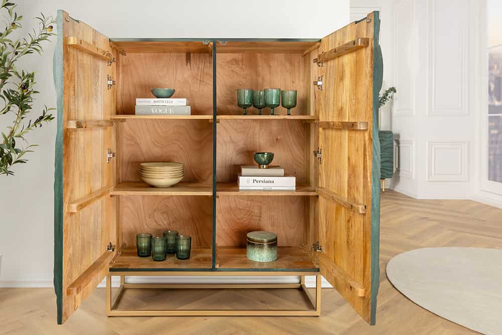 Massives Highboard SNAKE 120cm türkis gold Mangoholz Schlangen-Design mit aufwendigen 3D Schnitzereien
