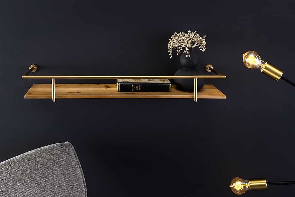 Massives Wandregal HERITAGE 75cm natur Pinienholz gold Metall