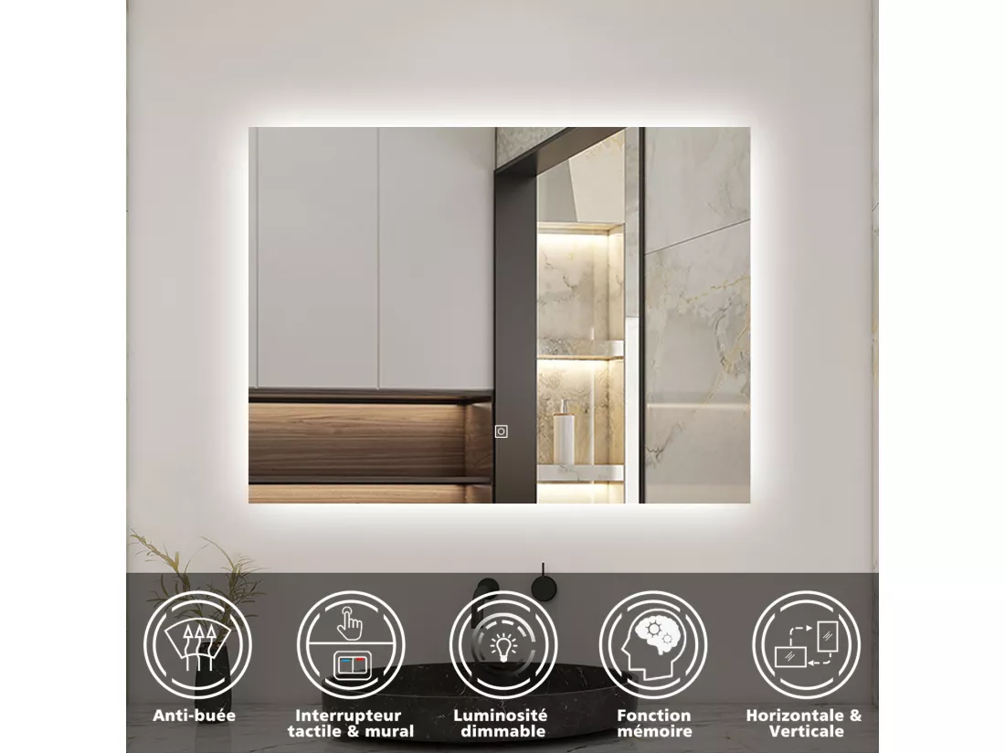 AICA LED Miroir lumineux 70x50cm anti-buée + dimmable + mémoire miroir salle de bain