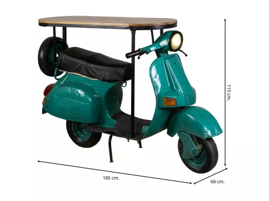 Barre porte-bouteilles moto vespa en métal et bois bleu 185x66x115h