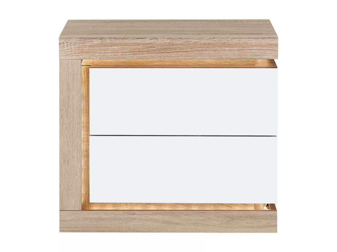 Table de chevet côté gauche avec 2 tiroirs - Avec LEDs - Blanc laqué et naturel - FLARANCIA