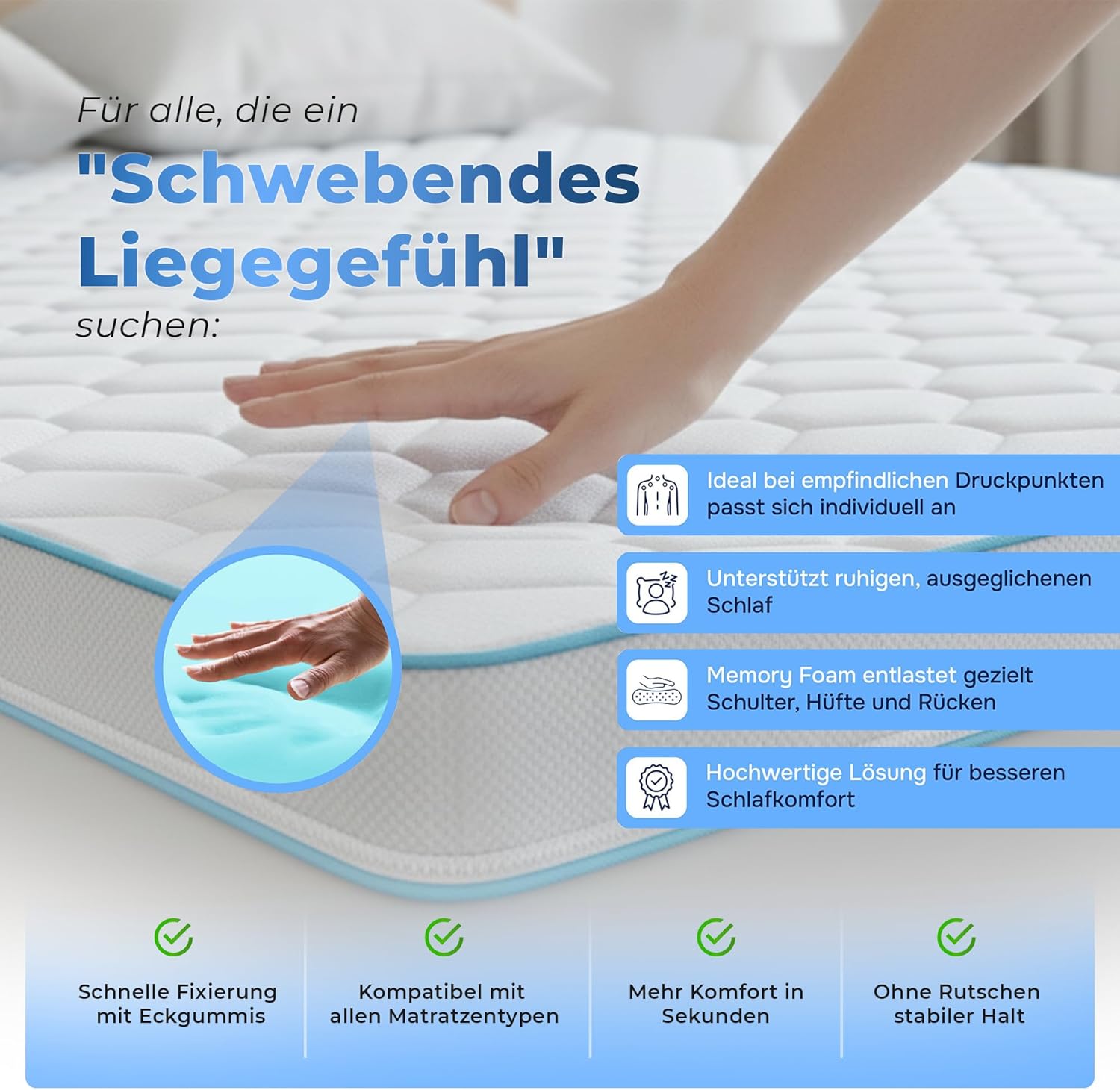 Tesla Dreams Memoryschaum Topper 140x200 cm – Visco Matratzen Topper 7 cm – druckentlastend & ergonomisch – atmungsaktiv – ÖKO-TEX Zertifiziert – Abnehmbarer & waschbarer Bezug