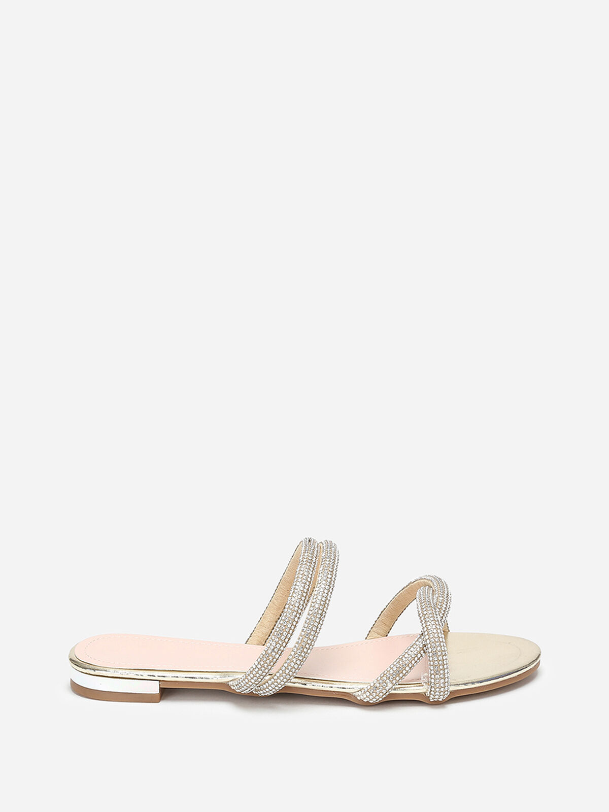 Mules plates à multi-brides en strass- Doré