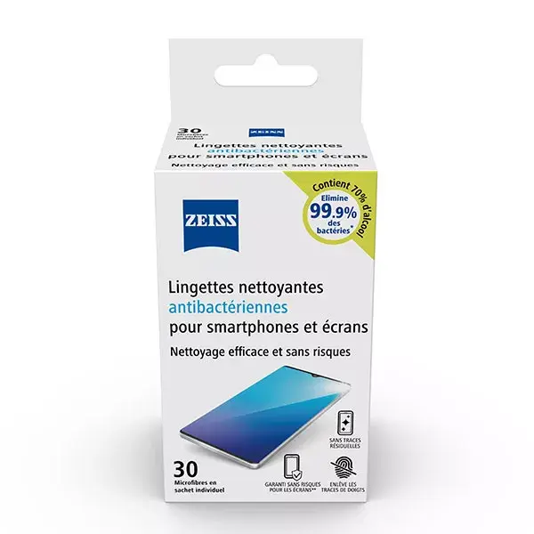 Lenços de limpeza antibacterianos Zeiss para smartphones e telas (30 unidades)