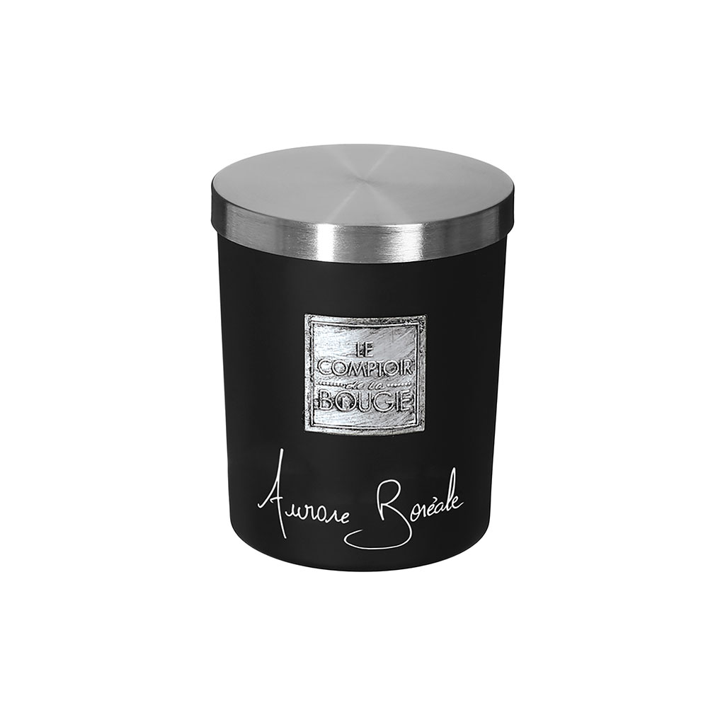 Bougie parfumée noire avec couvercle Aurore Boréale 490g
