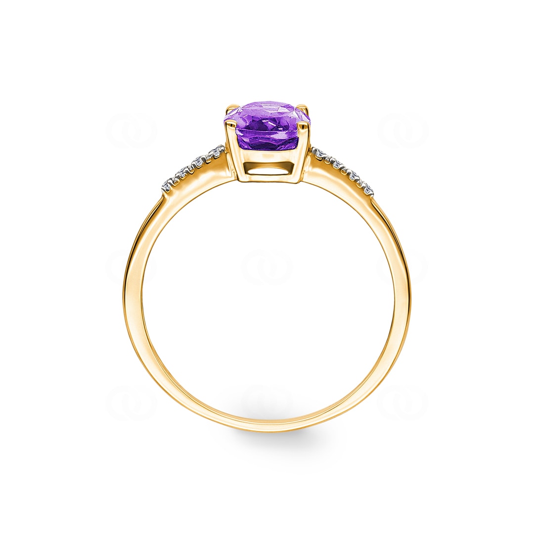Damenring 750/18 K Gelbgold mit Amethyst oval und Diamanten 0.02 ct H/si