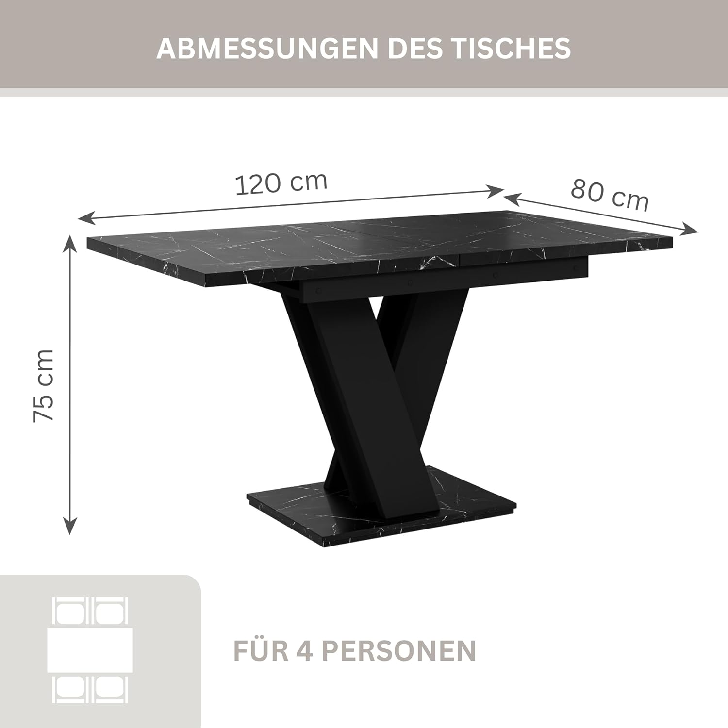 Esstisch Ausziehbar Schwarz Malvi – Moderner Küchentisch 120-160 cm für 4–6 Personen | Einfache Montage | Ideal für Esszimmer & Küche | Dining Table