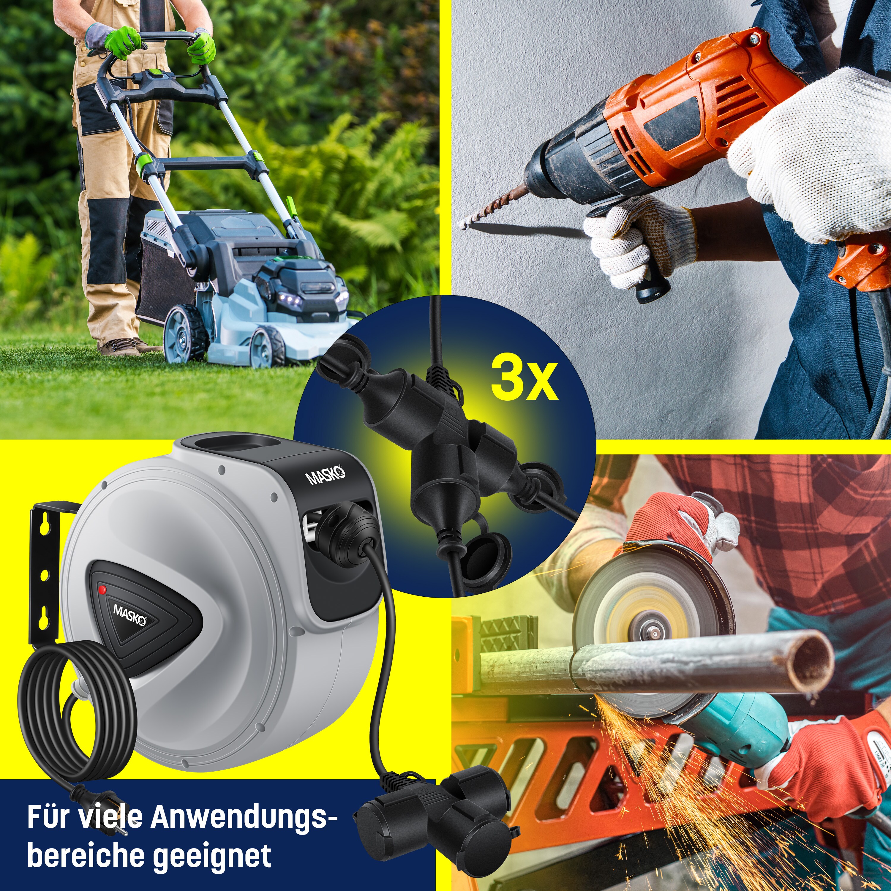 MASKO® Automatik Kabeltrommel Verlängerungskabel mit 3-Fach Anschluss 180° drehbar 1,5m Zuleitung Wandhalterung Werkstatt Kabelaufroller Automatisch Stromtrommel Schlauchaufroller Inkl. Handschuhe