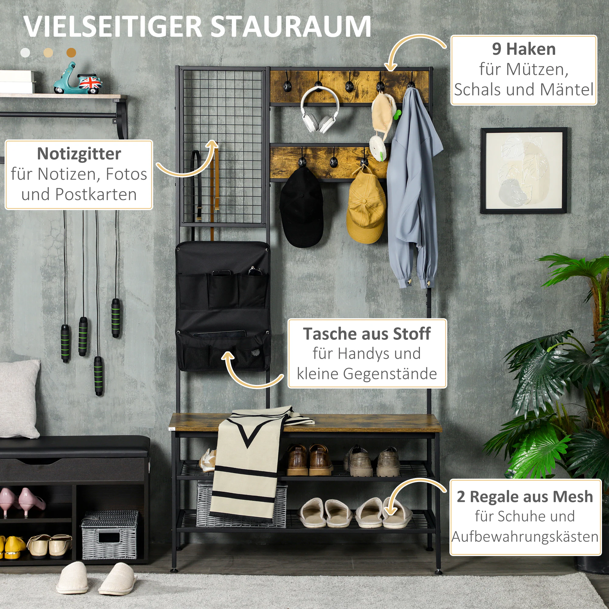 HOMCOM Garderobenständer mit Haken, Memoboard, Aufbewahrungstasche und Schuhregal braun 100L x 40B x 185H cm