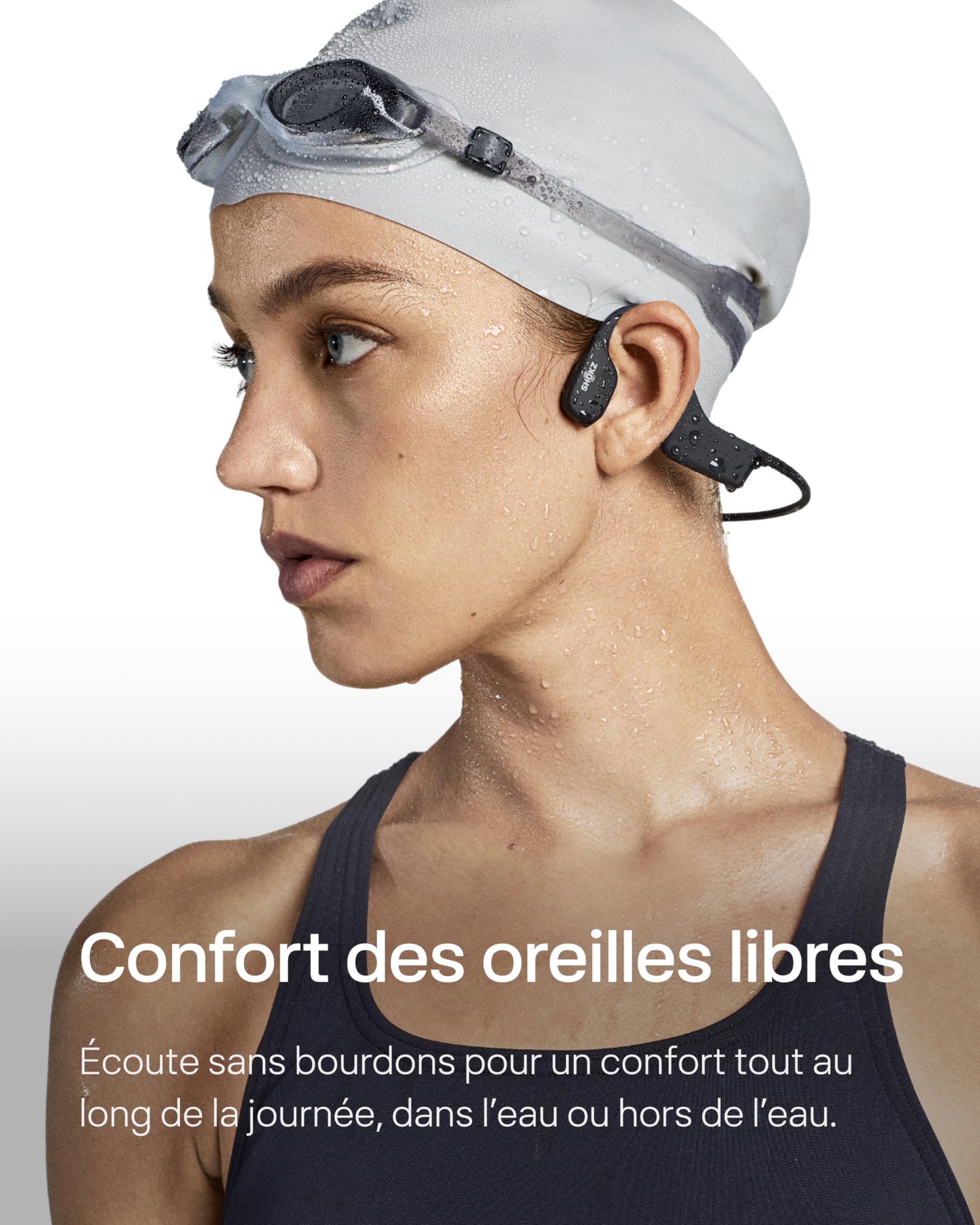 SHOKZ OpenSwim Casque à Conduction osseuse, Lecteur MP3 de Natation étanche IP68, écouteurs de Sport Oreilles Libres avec 4 GB de mémoire, 8H d’autonomie, Bouchons d’oreilles (sans Bluetooth), Noir