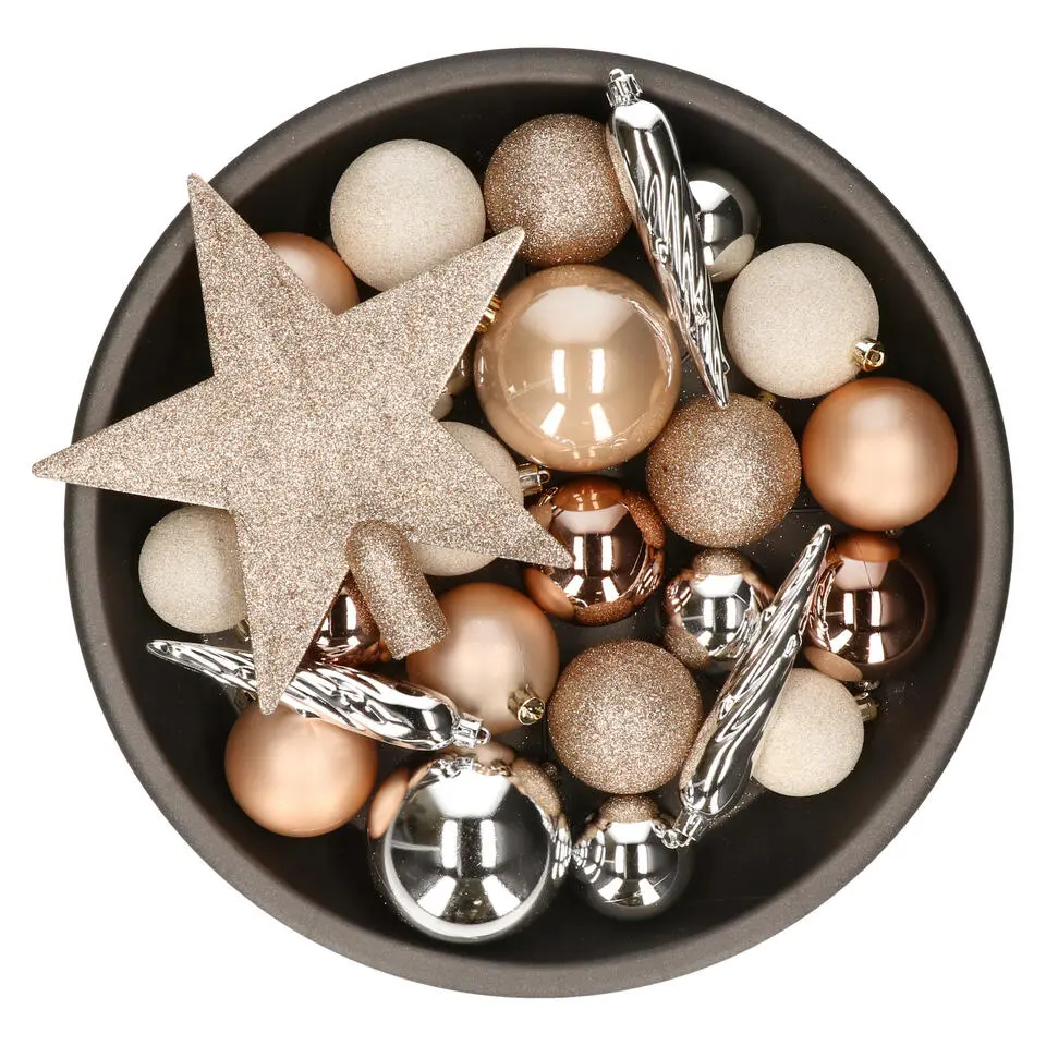 Decoris kerstballen - 34-dlg - bruin/wit/zilver - kunststof