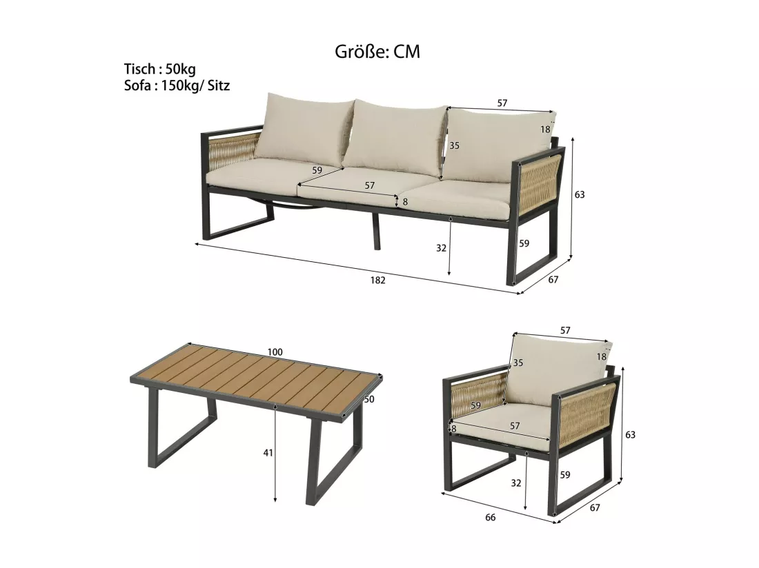 Lot de 4 salon de jardin en acier galvanisé avec coussin beige : canapé 3 places, 2 fauteuils et table basse