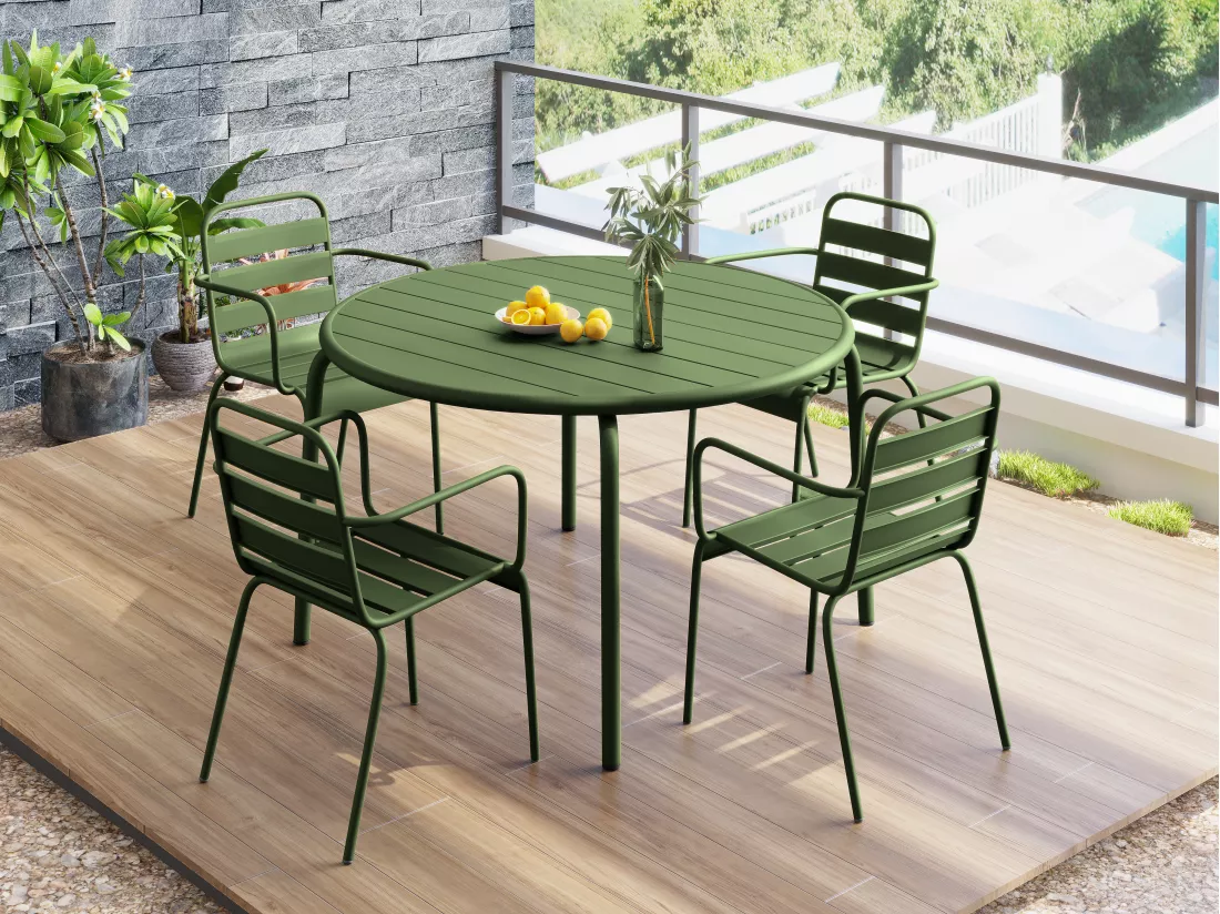 Salle à manger de jardin en métal - une table D.110 cm et 4 fauteuils empilables - Kaki - MIRMANDE de MYLIA