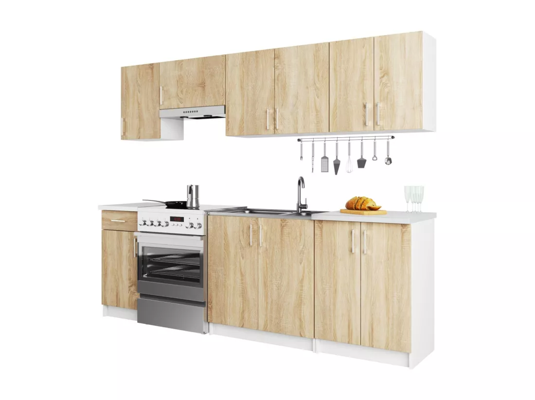 Ensemble De Cuisine AKORD LIMA 2.4m Blanc 240 cm 11 portes 1 tiroir façade Chêne Sonoma 240x44,5x203 cm