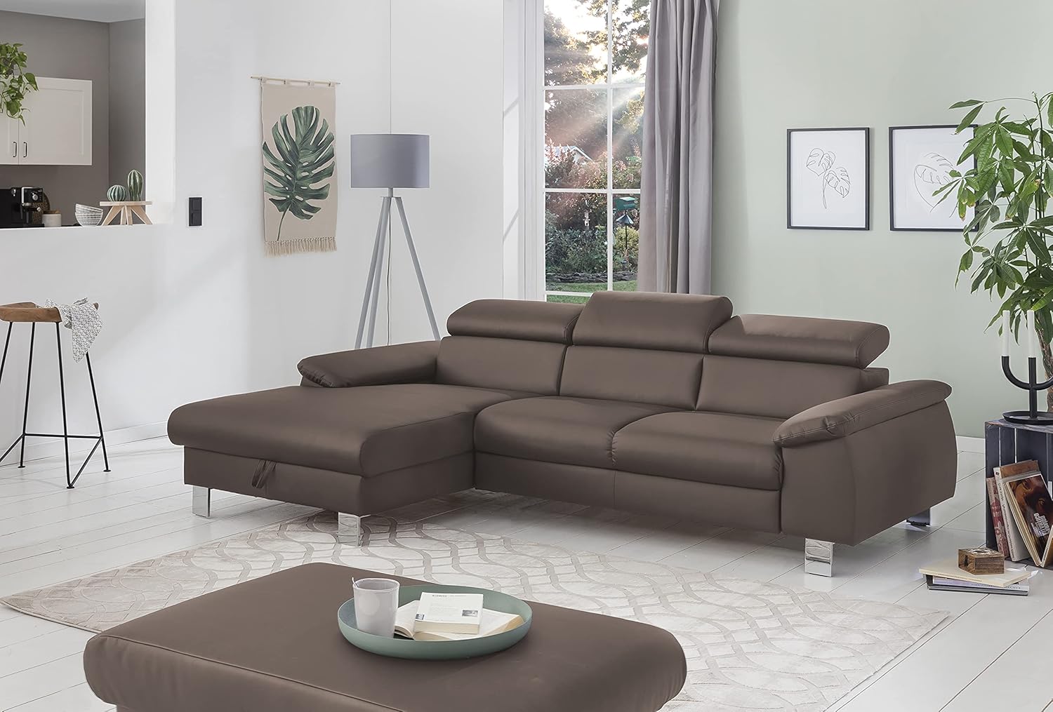 Mivano Ecksofa Micky mit Recamiere / L-Form-Sofa mit Schlaffunktion, Bettkasten und Kopfteilverstellung / 244 x 72 x 166 / Kunstleder, Braun
