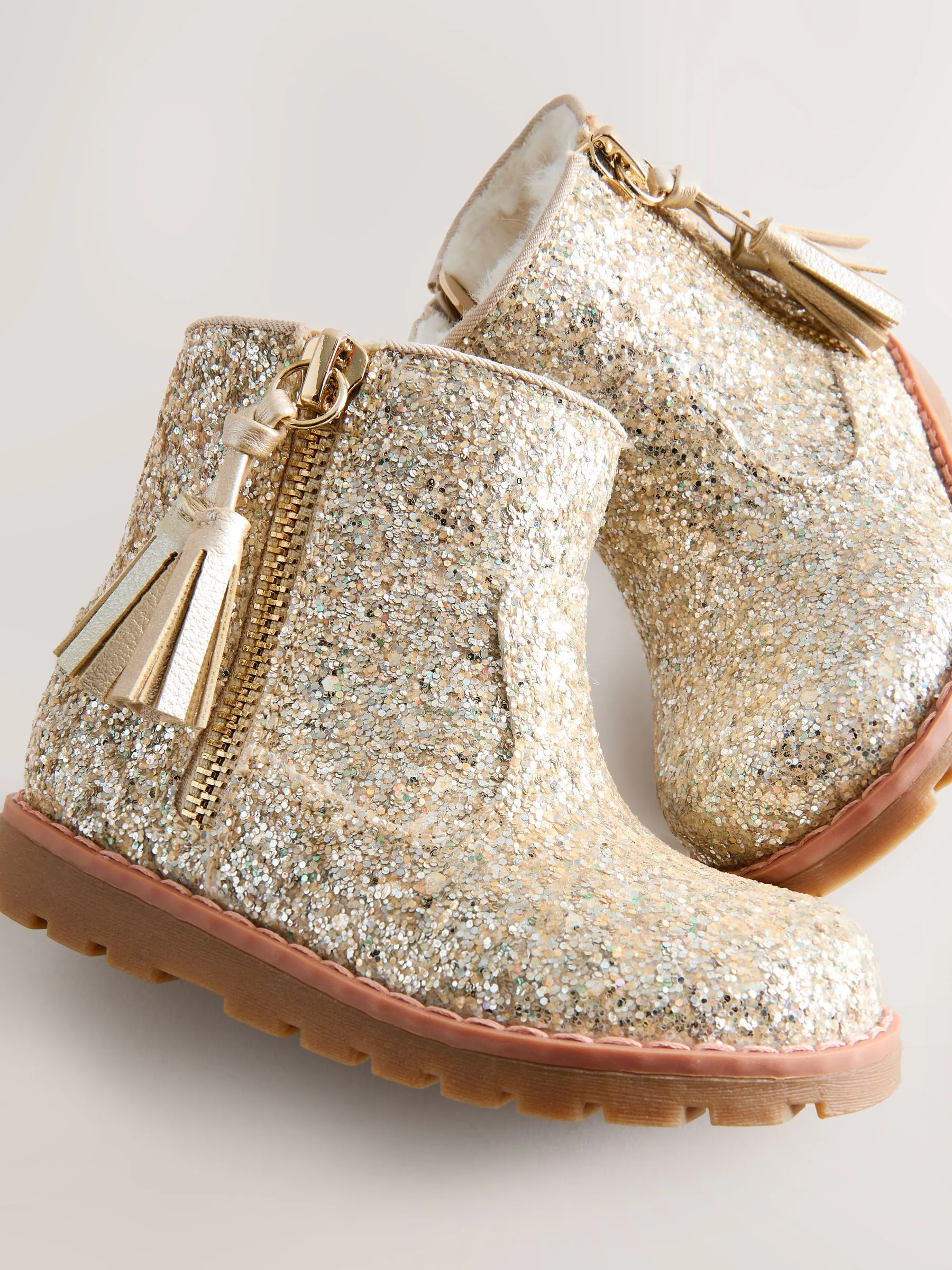 Goud glitter - Chelsea enkellaarsjes met rits en kwastjes
