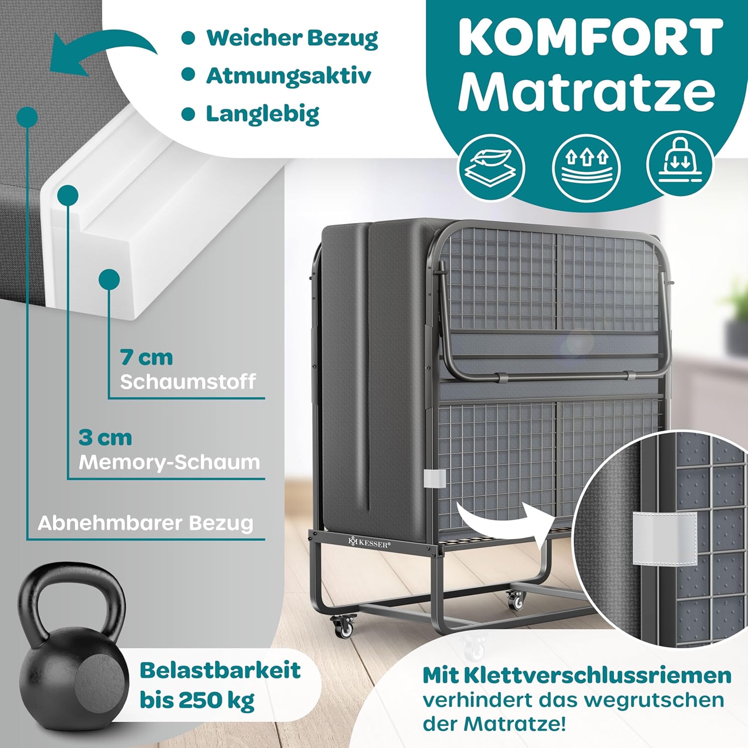 KESSER® Klappbett 200x90cm Gästebett inkl. Matratze aus Memory-Schaum & Rollen | faltbares Reisebett mit Metallrahmen für Erwachsene belastbar bis 250kg | Metallbett mit Schaumstoffmatratze & Cover