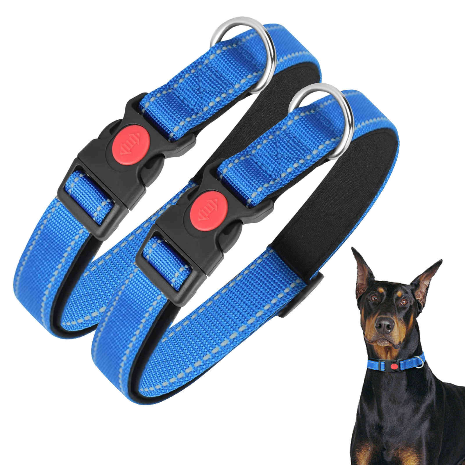 Nobleza - 2 coleiras para cães, coleira de nylon macia e acolchoada com detalhes refletivos, coleira ajustável para cães grandes com trava de segurança, coleiras para treinamento de cães (G, azul)