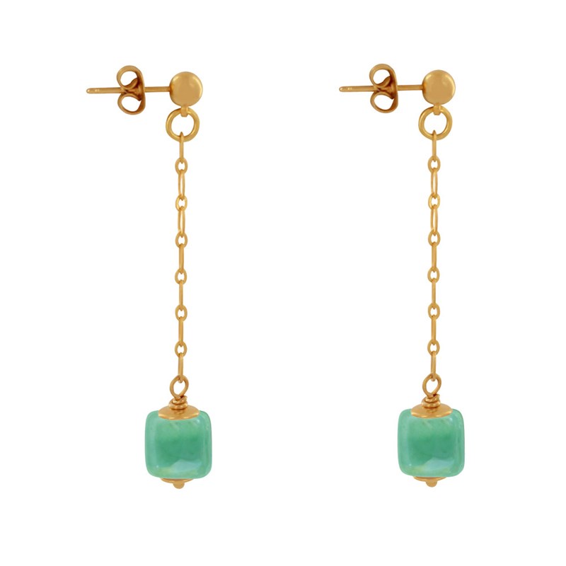 Boucles d'Oreilles Chainette Laiton Doré et Cube en Céramique