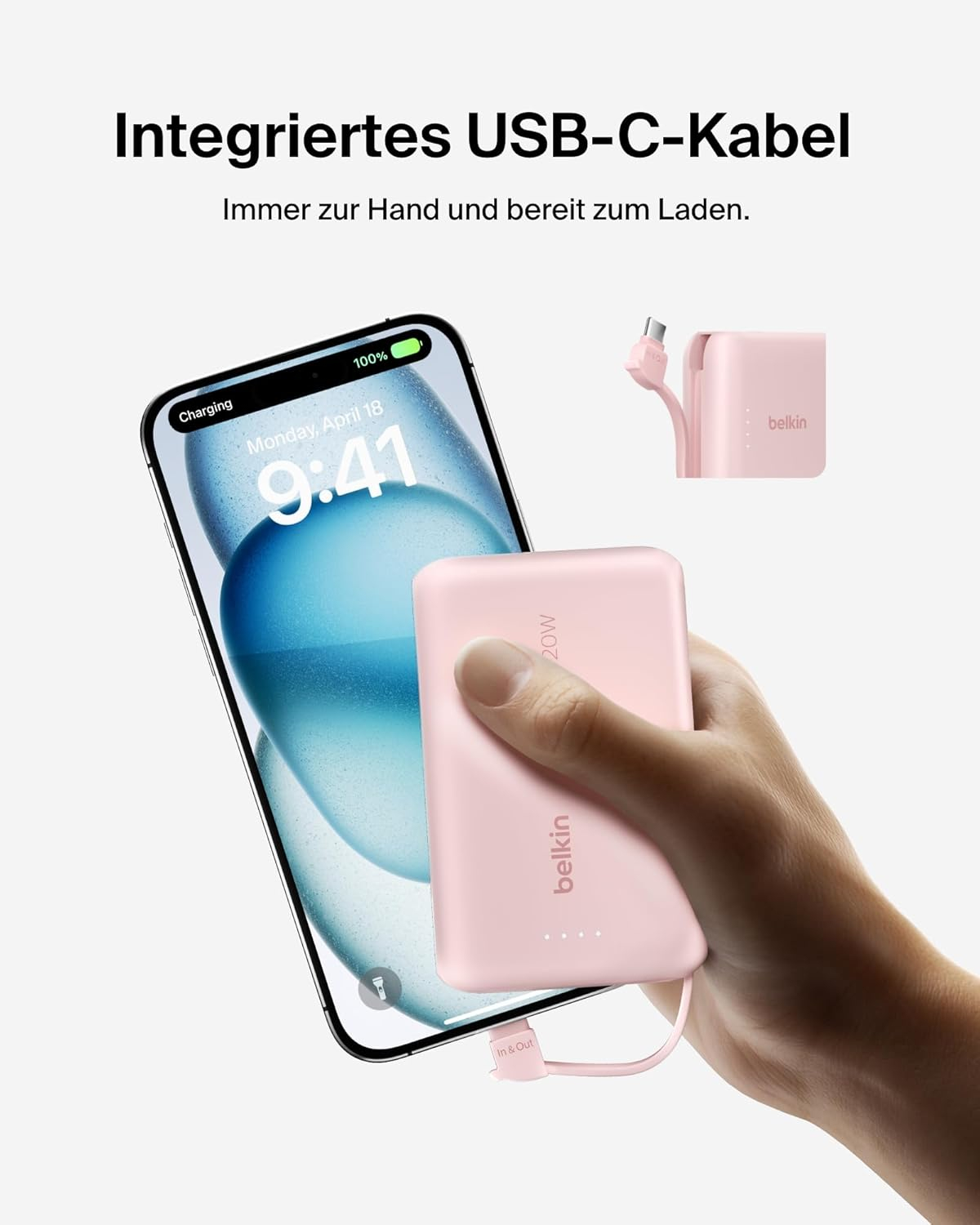 (20W) 10000mAh BoostCharge USB C Powerbank Ladegerät inkl. USB C Ladekabel mit LED Anzeige (BPB021HQPK) - Rosa