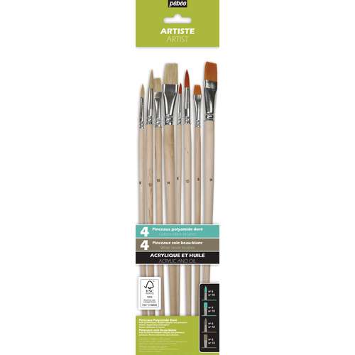 pébéo 8er-Set Acryl- und Öl-Pinsel, Synthetikfaser und Schweineborsten, langer Stiel