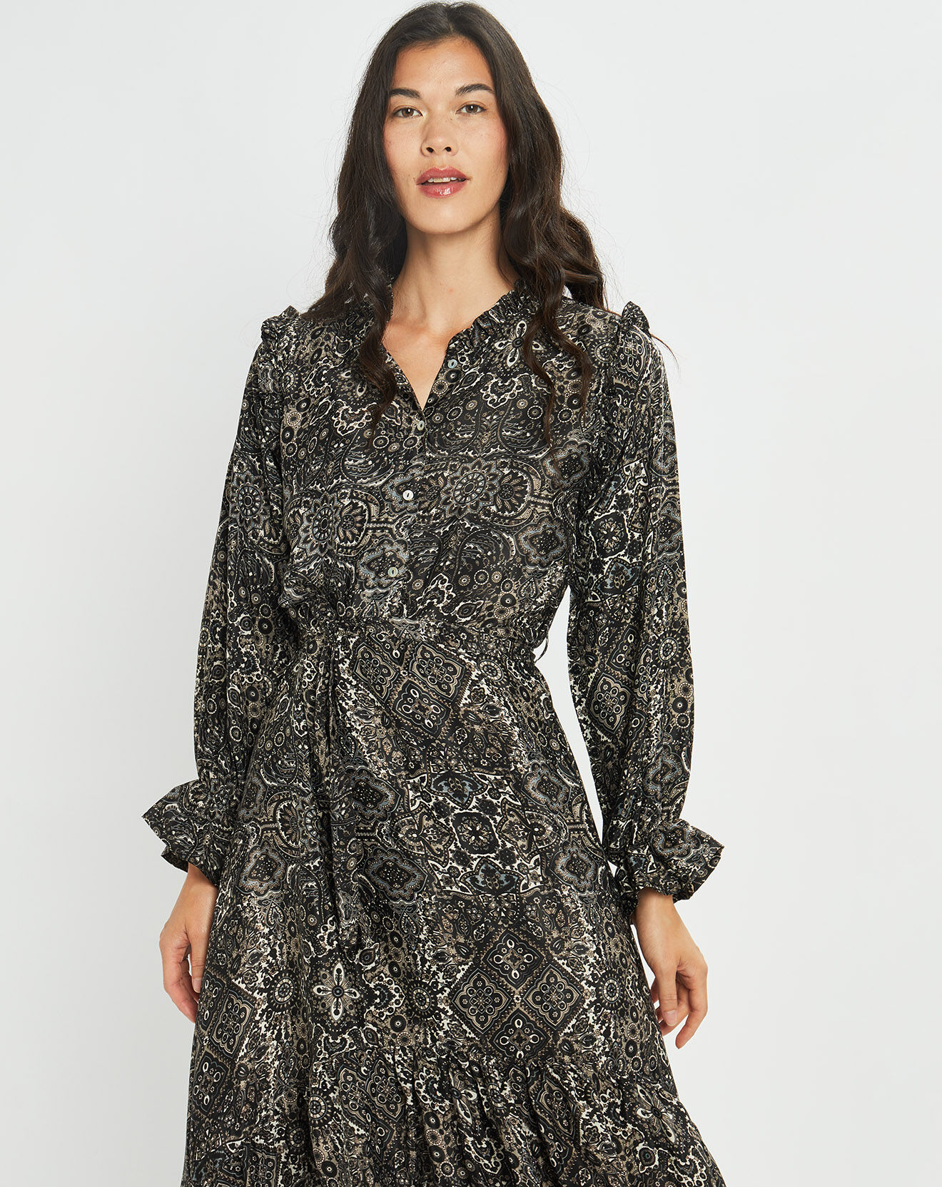 Lauren Vidal Robe en Soie mélangée Sasha imprimée jaipur noire