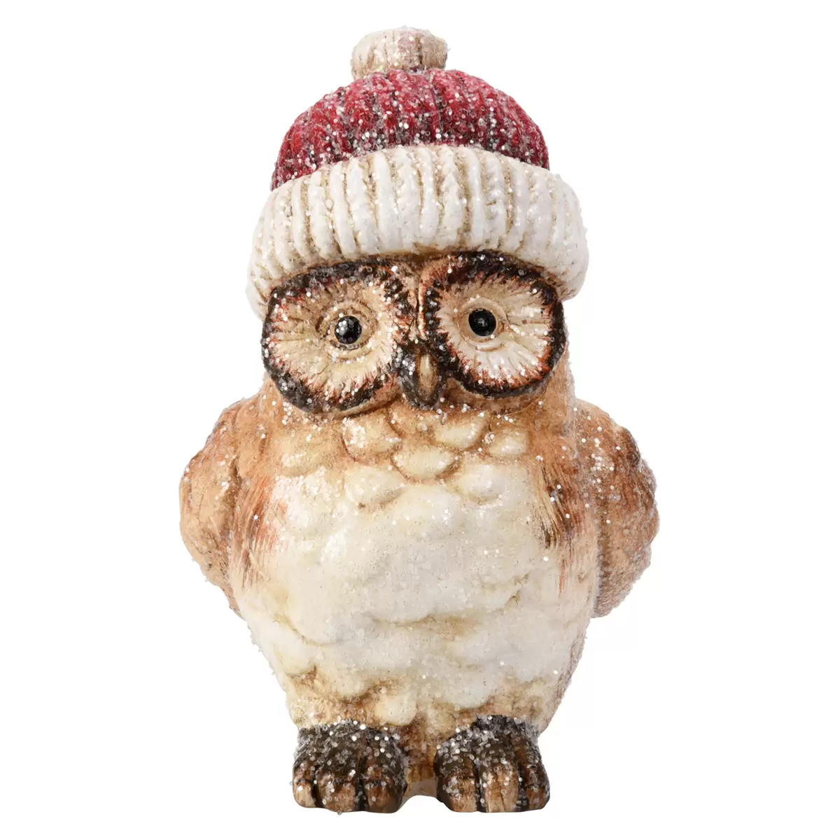 Eule stehend Owl Winter rot,weiss,braun