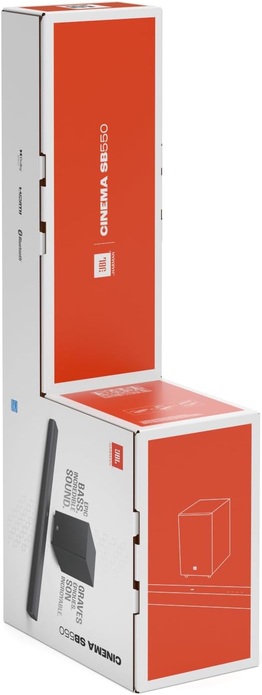 JBL Cinema SB 550, Barre de son 3.1 canaux avec caisson de basses sans fil, connexion HDMI ARC, Dolby Audio, musique sans fil en streaming, Bluetooth intégré, design compact, 250 W, en noir