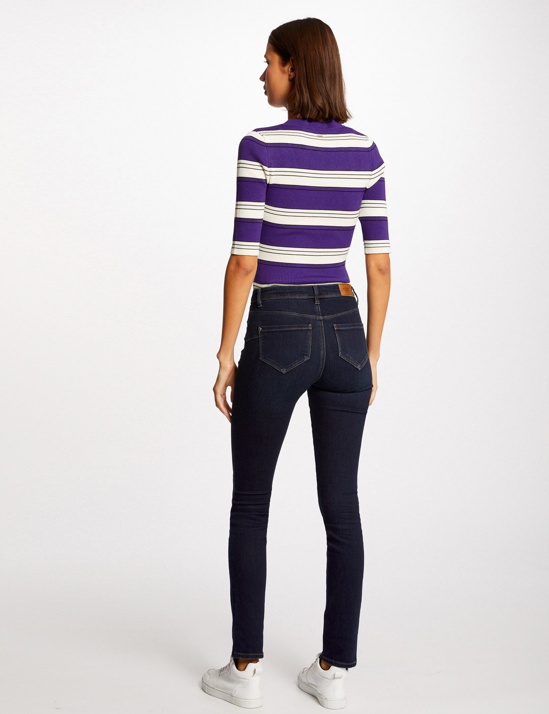 Pull manches courtes à rayures violet femme - violet