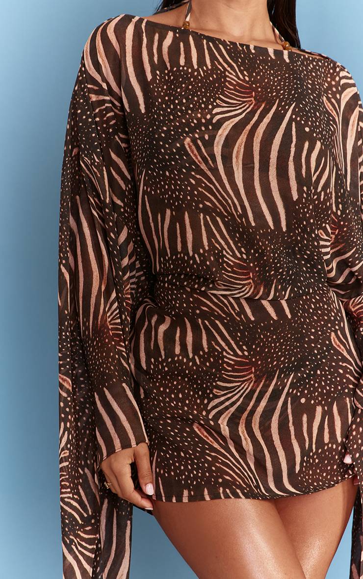 Marron Robe De Plage Mini À Manches Évasées Imprimé Animalier Mixte