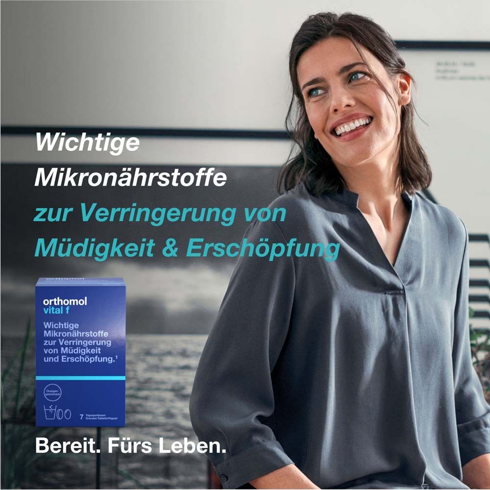 Orthomol Vital f für Frauen - bei Müdigkeit - mit B-Vitaminen, Omega-3, Magnesium - Granulat/Tabletten/Kapseln - Grapefruit-Geschmack