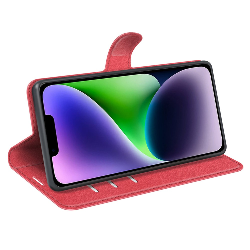 iPhone 15 Leder Tasche Flip Cover Litchi Look - Rot