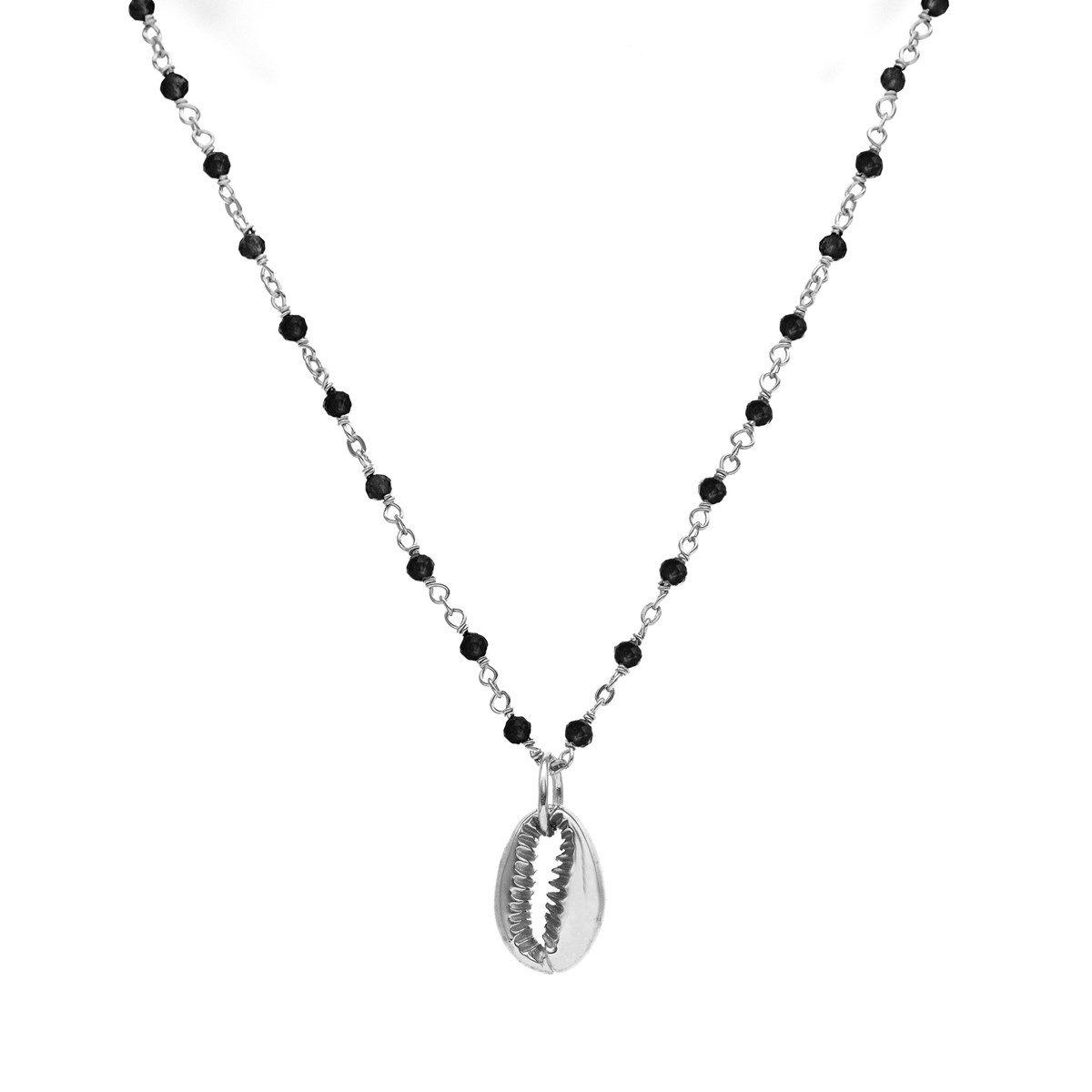Collier Chaine En Argent Avec Pierres Naturelles Onyx Noir Et Coquillage