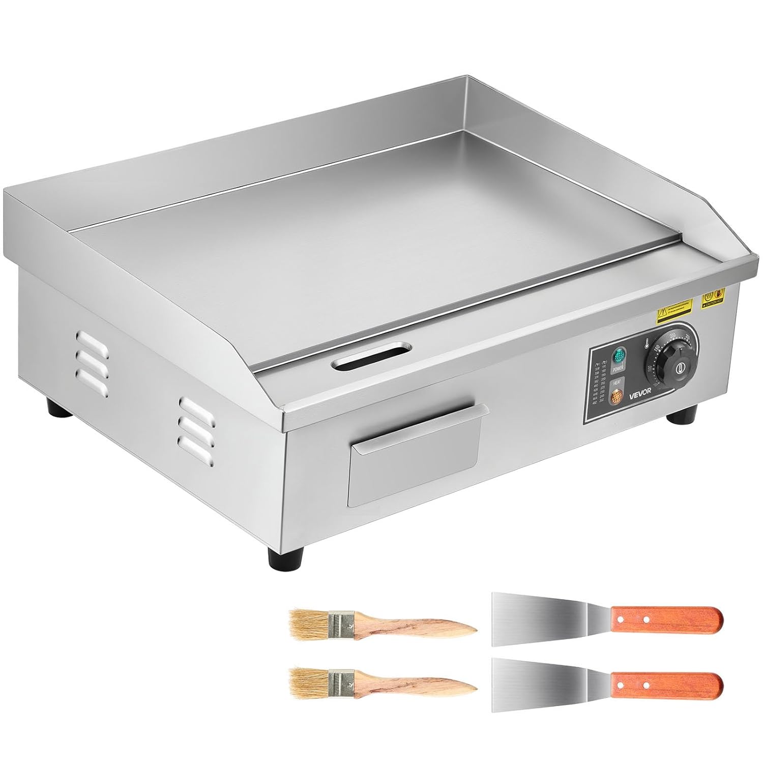 VEVOR Elektrogrill gewerbliche Grillplatte (535 x 300 mm) 3200 W mit 50-300 °C einstellbarer Temperaturregelung, Bratplatte Griddleplatte mit 2 Spachteln & 2 Bürsten & 4 Fußpolstern für Steak