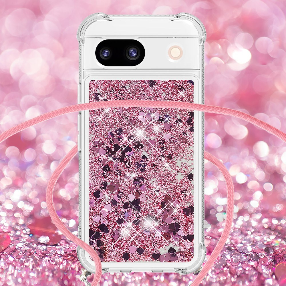 Google Pixel 8a Necklace Gummi Hülle Liquid Glitzer   Handykette (130cm) - Pink / Roségold