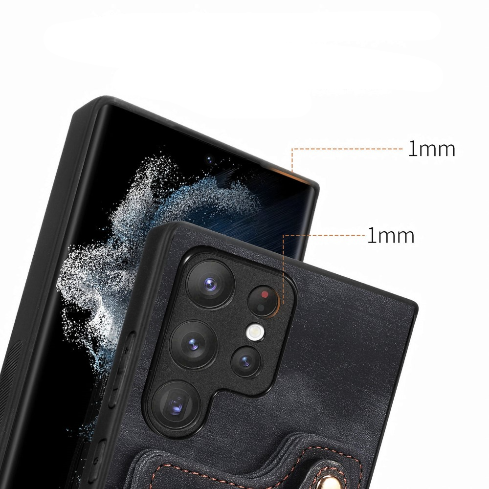 Samsung Galaxy S23 Ultra 5G Necklace Leder Hülle mit Kartenfächer   Finger Griff Halterung   Handykette (RFID Schutz) - Schwarz