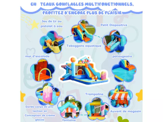 Château gonflable avec auvent, toboggan, trampoline, pistolets à eau - parc aquatique avec souffleur - 395x340x236cm