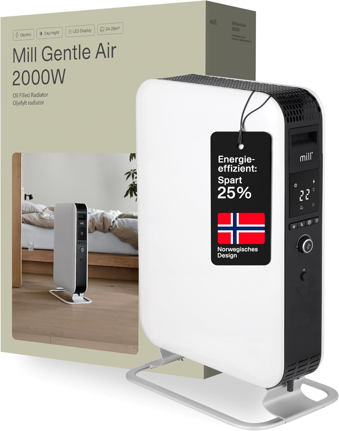 Mill Ölradiator Heizkörper 2000W, elektrische Heizung, bis zu 28m², geräuschlose Elektroheizung energiesparend, sicherer Elektroheizkörper mit Tag-Nacht Programm, Radiator Heizung elektrisch weiß