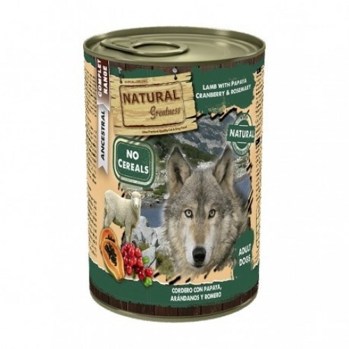 Pacote com 6 latas de ração úmida para cães, sabor cordeiro.