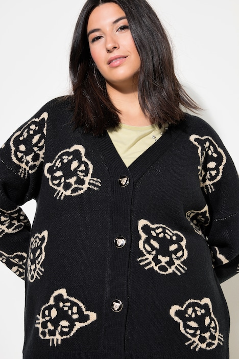 Strickjacke, oversized, Leo-Köpfe