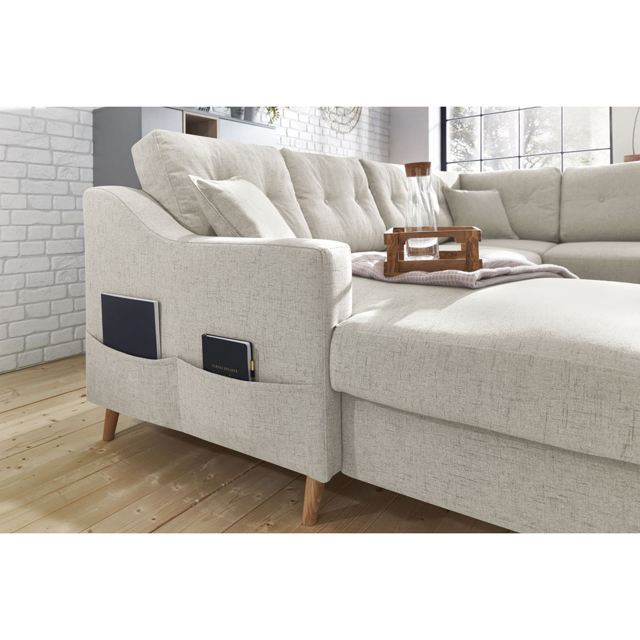 Bobochic Canapé d'angle panoramique convertible gauche Sweden lin beige - 300x149/90/198x95 cm