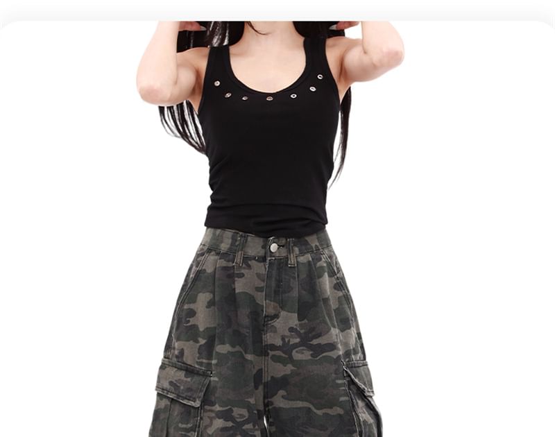 AXEN - Camo Print Washed Capri Cargo Jeans met wijde pijpen en middelhoge taille