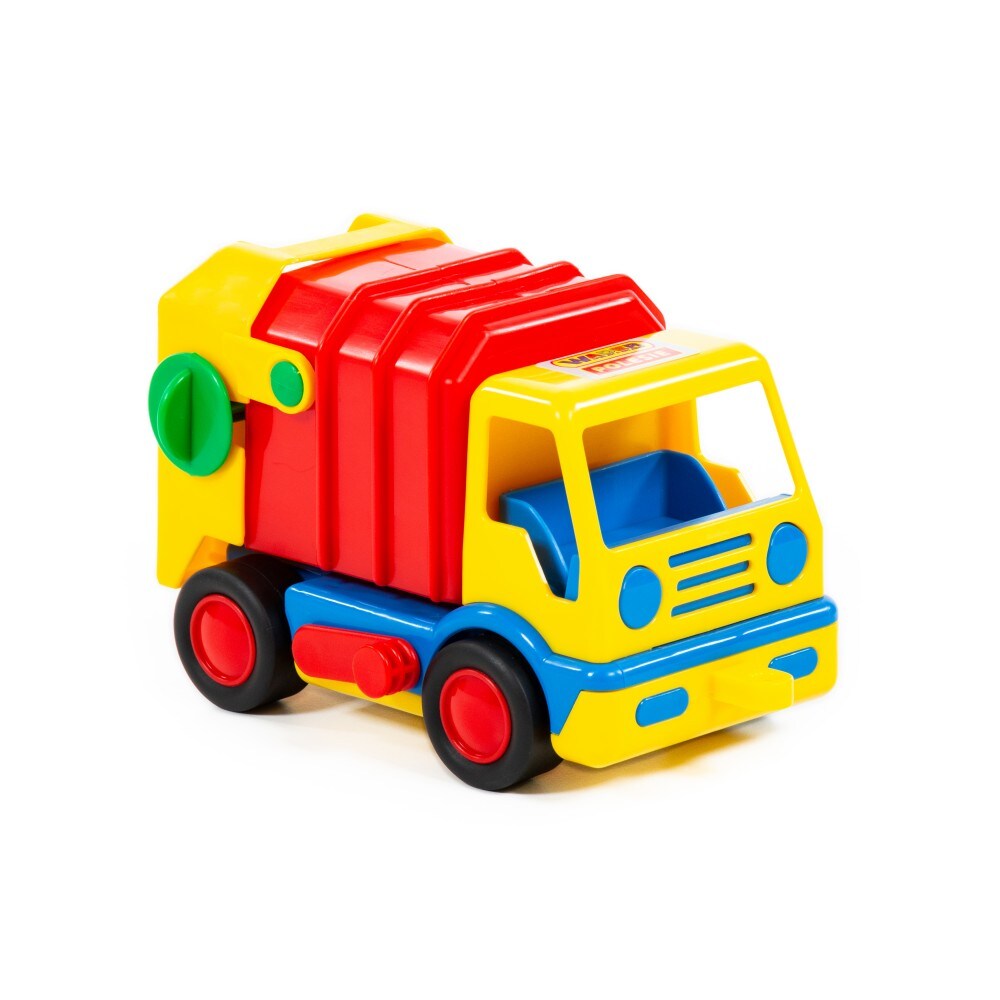 Polesie Spielzeug Müllwagen 9609, Mülltonne, Anhängerkupplung, Aufbau kippbar gelb