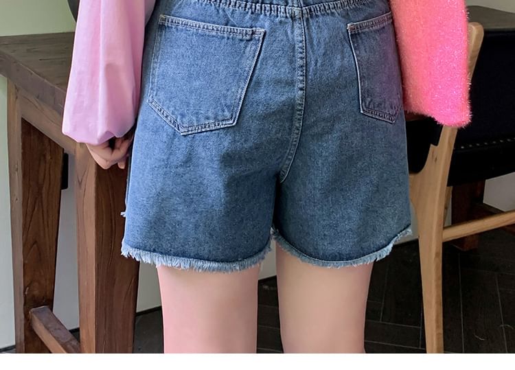 Krezol - Plus Size Hoge Taille Gewassen Gerafelde Versleten Wijde Denim Shorts