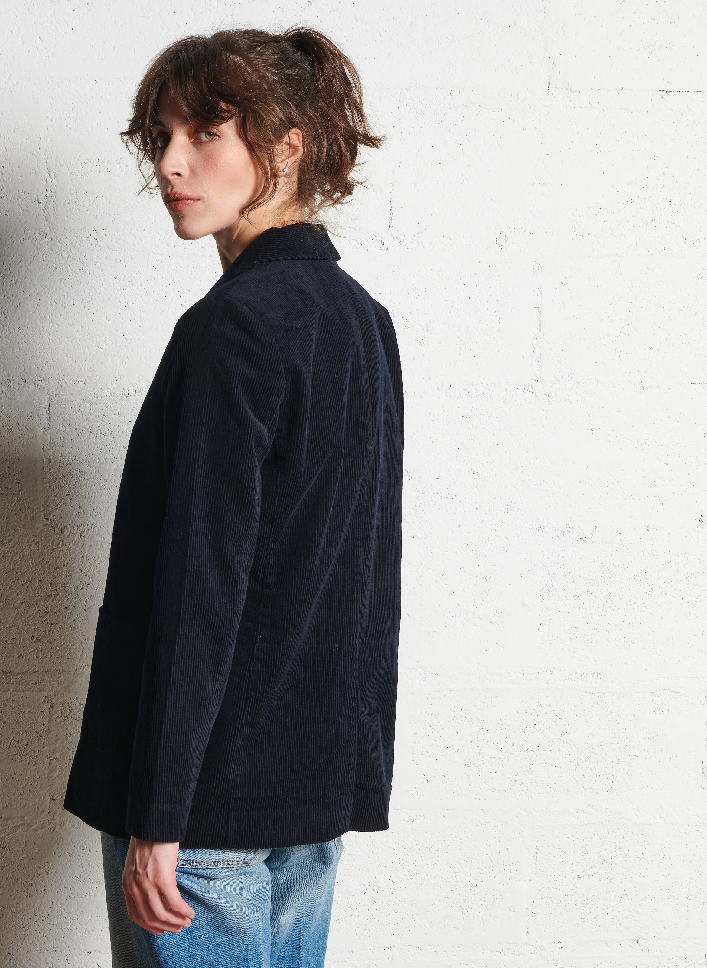 Veste droite col châle en velours de coton côtelé | Bleu