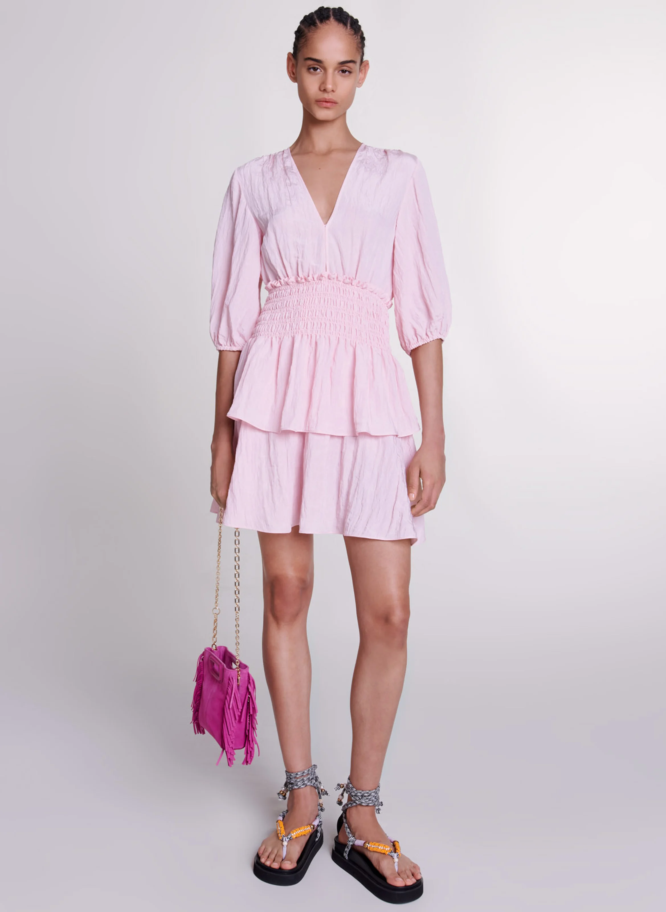 Robe courte col V à volants| Rose