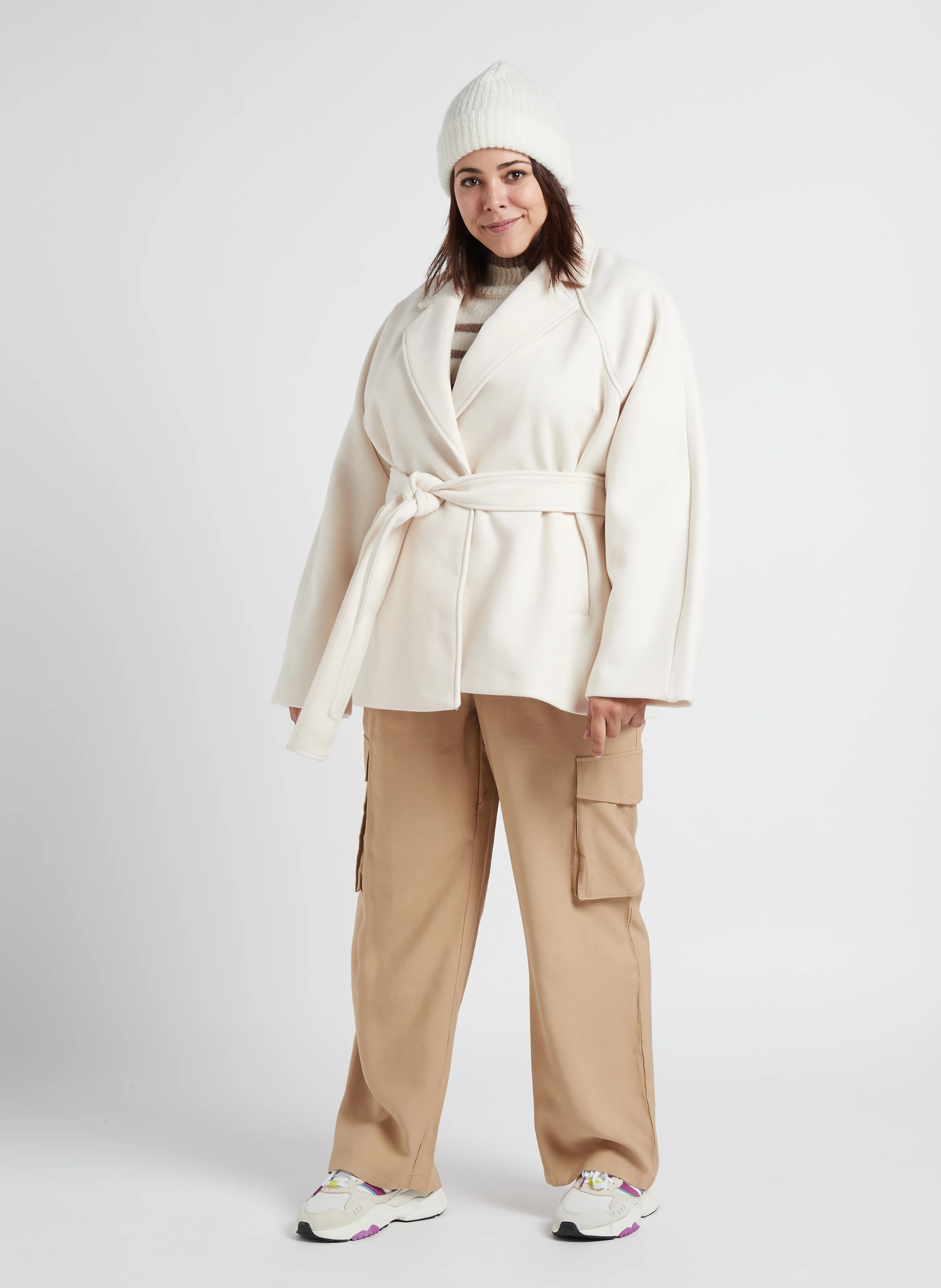 Manteau col tailleur ceinturé| Blanc